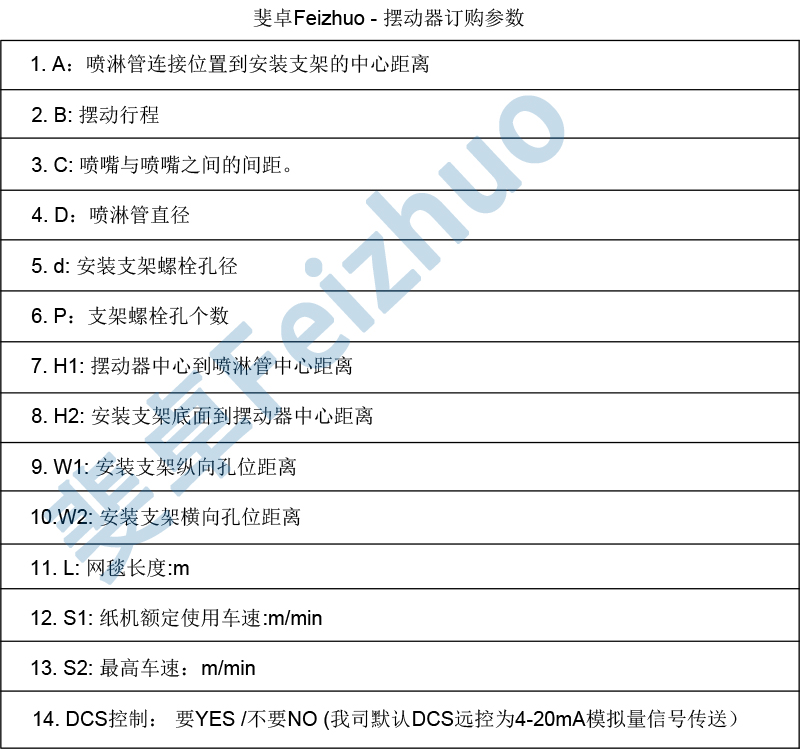 斐卓Feizhuo噴淋擺動裝置訂購信息表